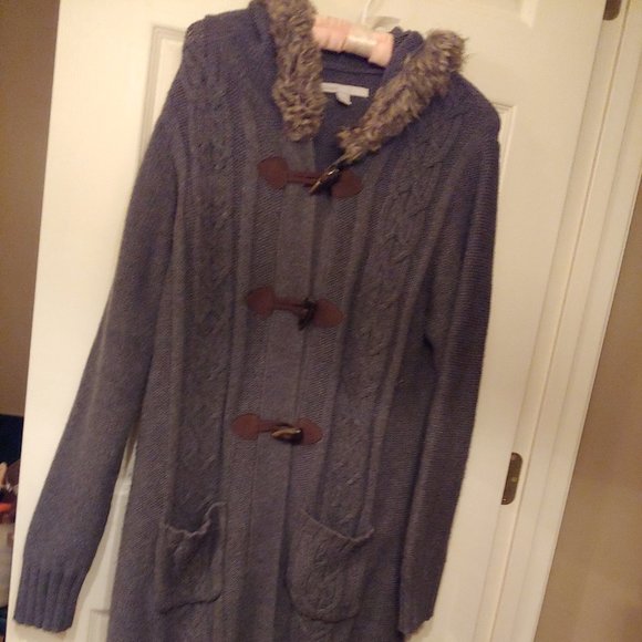 Old Navy Sweaters - Moving Sale last day 4/30-   long sweater/cardigan with faux fur hood trim